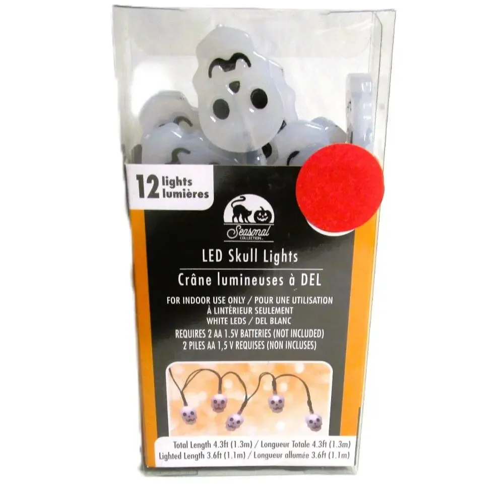 LED Skull String Lights 4.3 ft 12 Bulbs Battery Operated Goth Halloween Decor